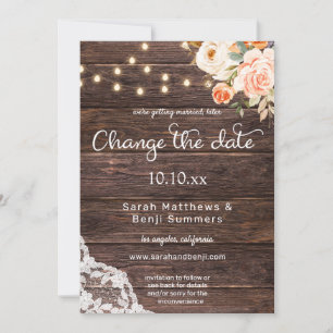 Blush Peach Floral Wood Lace Light Change the Date Invitation