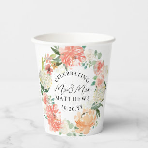 Blush Peach Floral Wreath Bride and Groom Wedding Paper Cups