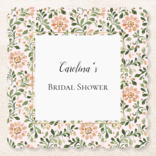 Blush Peach Flowers Green Leaves Bridal Shower   Paper Coaster