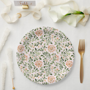 Blush Peach Flowers Green Leaves Bridal Shower Paper Plate