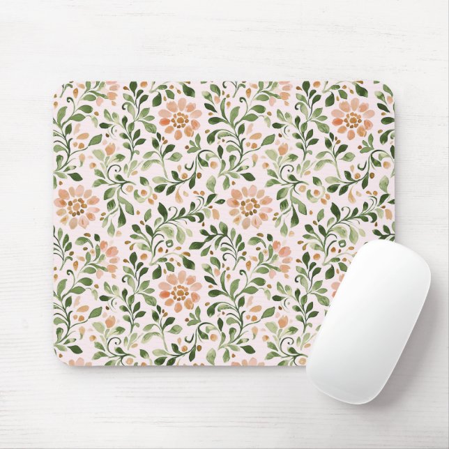 Blush Peach Flowers Green Leaves Mouse Pad (With Mouse)