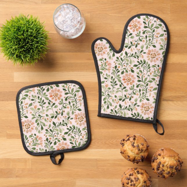 Blush Peach Flowers Green Leaves Oven Mitt & Pot Holder Set (Top Down)