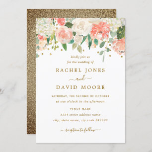 Blush Peach Gold Rustic Floral Wedding Invitation