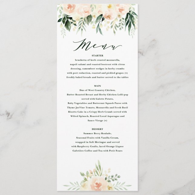 Blush peach green floral + foliage wedding menu (Front)