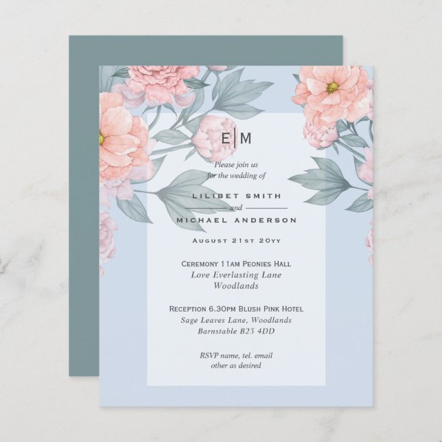 Blush Peach PEONIES Blue Wedding Invite Reception (Front/Back)