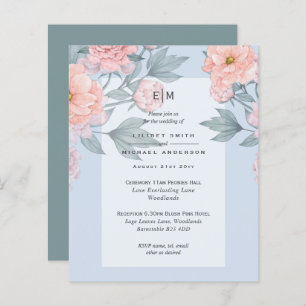 Blush Peach PEONIES Blue Wedding Invite Reception