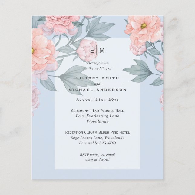 Blush Peach PEONIES Blue Wedding Invite Reception Flyer (Front)