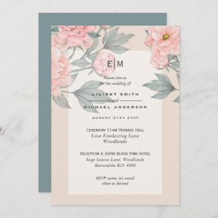 Blush Peach PEONIES Sage Wedding Invite Reception