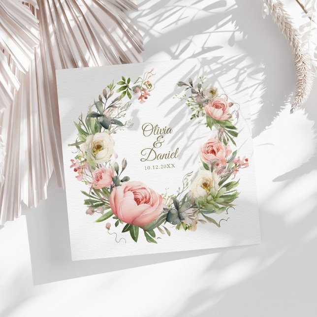 Blush & Peach Peony Wedding Napkin (Blush & Peach Peony Wedding Napkin on a sunny white table with botanical decor)