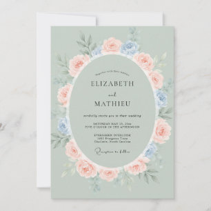 Blush Peach Periwinkle Wreath Wedding Invitation