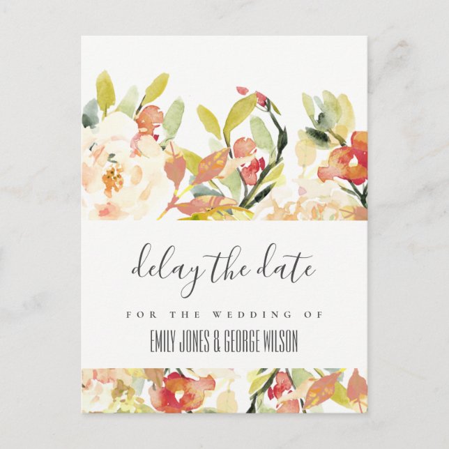 BLUSH PEACH PINK FLORAL WEDDING DELAY THE DATE ANNOUNCEMENT POSTCARD (Front)