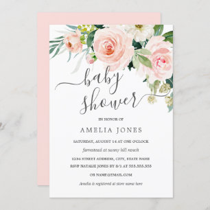 Blush Peach Pink Watercolor Floral Baby Shower Invitation