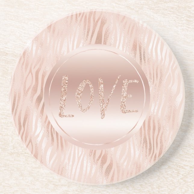 Blush Peach Pink Zebra print Glitter Love Coaster (Front)