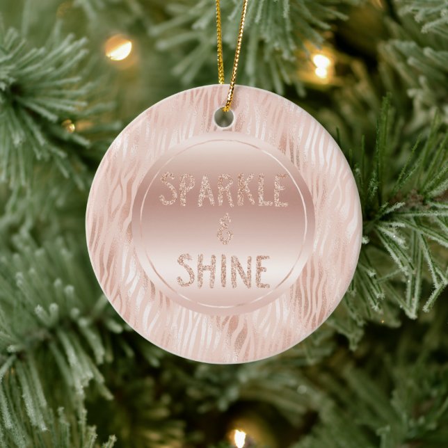 Blush Peach Pink Zebra print Glitter Sparkle Ceramic Ornament (Tree)