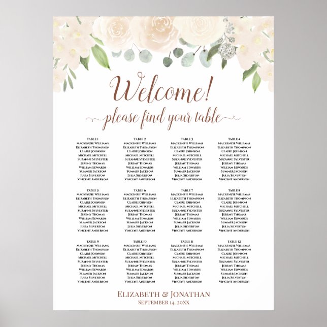 Blush Peach Rose 12 Table Wedding Seating Chart (Front)