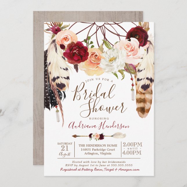 Blush & Peach Rose Dreamcatcher Boho Bridal Shower Invitation (Front/Back)