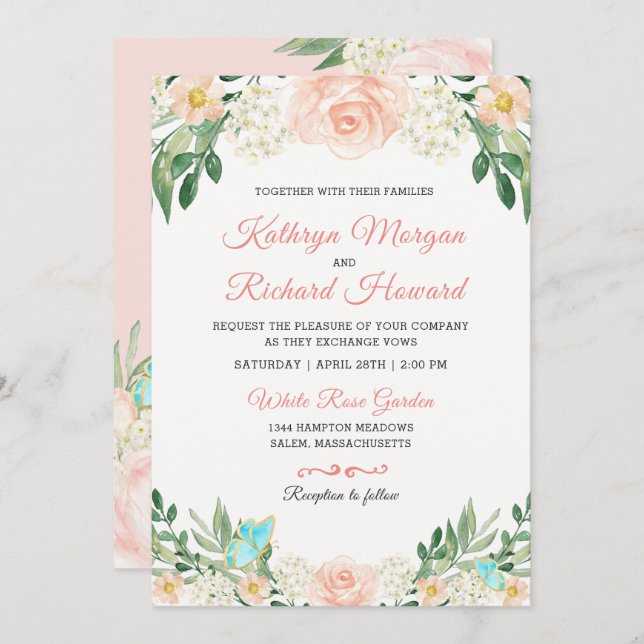Blush Peach Rose Garden Watercolor Wedding Invite (Front/Back)