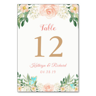 Blush Peach Rose Garden Wedding Table Number Card