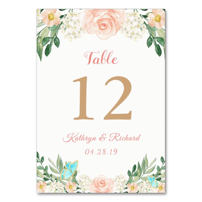 Blush Peach Rose Garden Wedding Table Number Card (Front)