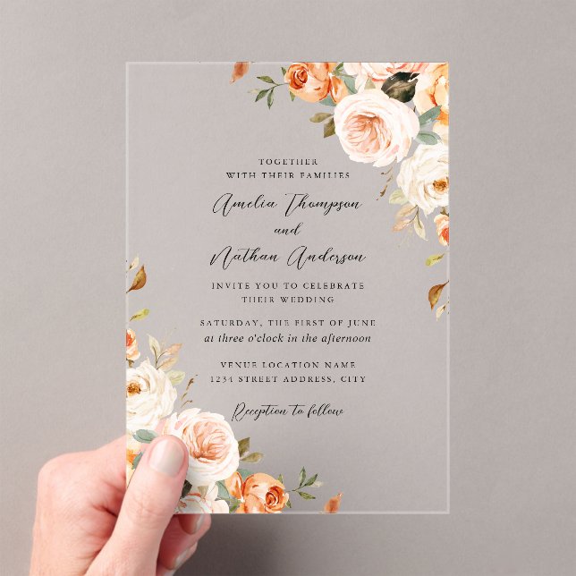 Blush Peach Rustic Botanical Florals Wedding Acrylic Invitations (Insitu (Handheld))