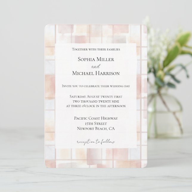 Blush Peach Squares Wedding Invitation (Standing Front)