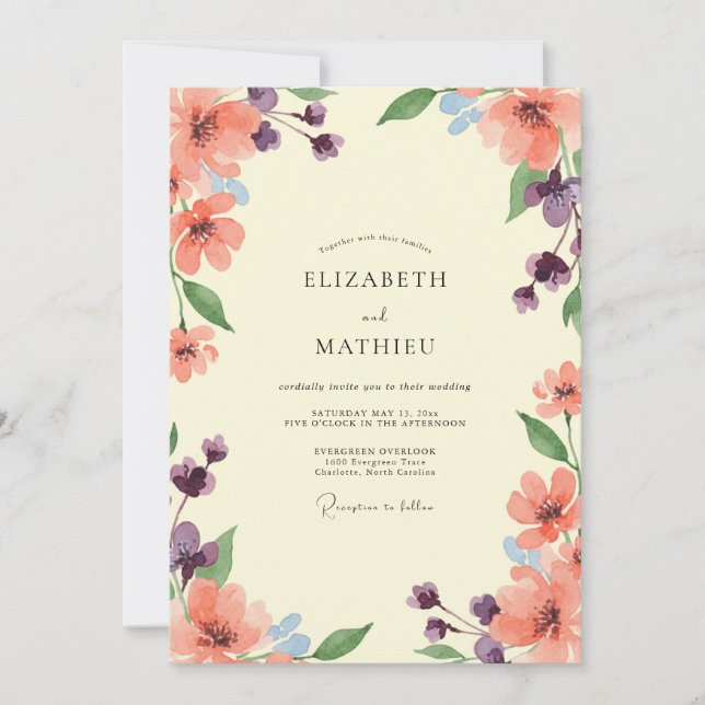 Blush Peach Violet Wildflower Wedding Invitation (Front)