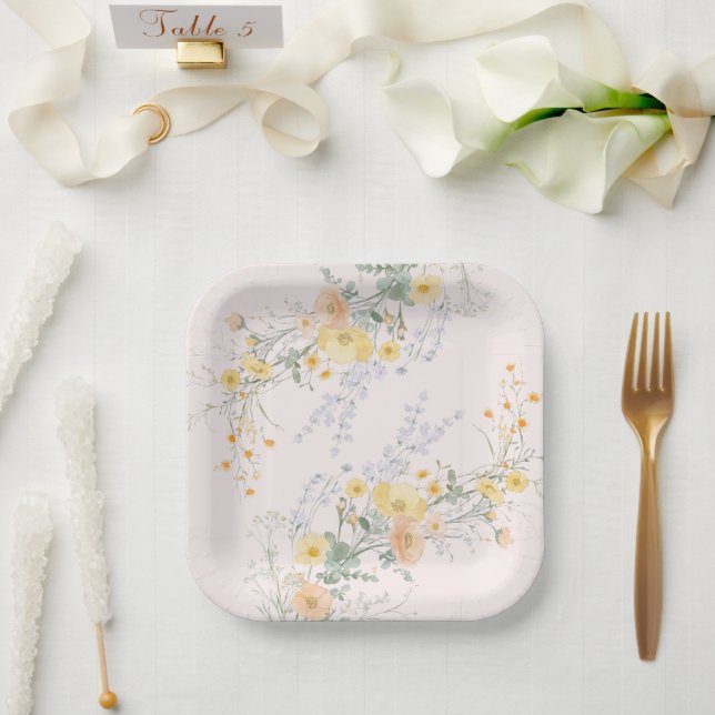 Blush Peach Wildflower Botanical Party Paper Plate (Wedding)