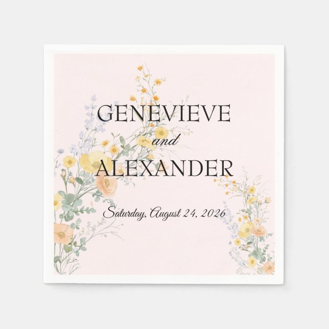 Blush Peach Wildflower Custom Wedding Paper Napkin (Front)