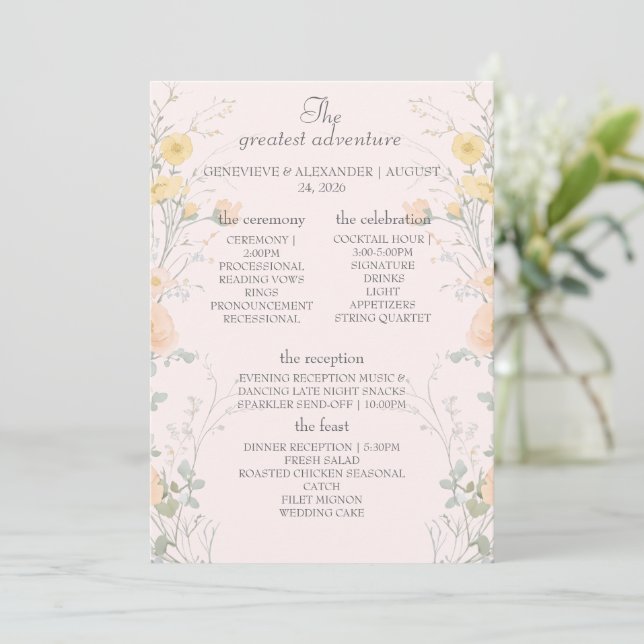 Blush Peach Wildflowers Folded Wedding Table Cards (Standing Front)