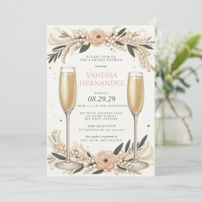 Blush Pearls and Prosecco Bridal Shower Invitation (Standing Front)