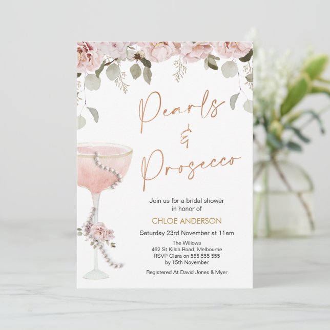 Blush Pearls Prosecco Blush Floral Bridal Shower  Invitation (Standing Front)