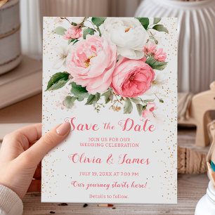 Blush peonies and gold confetti save the date card