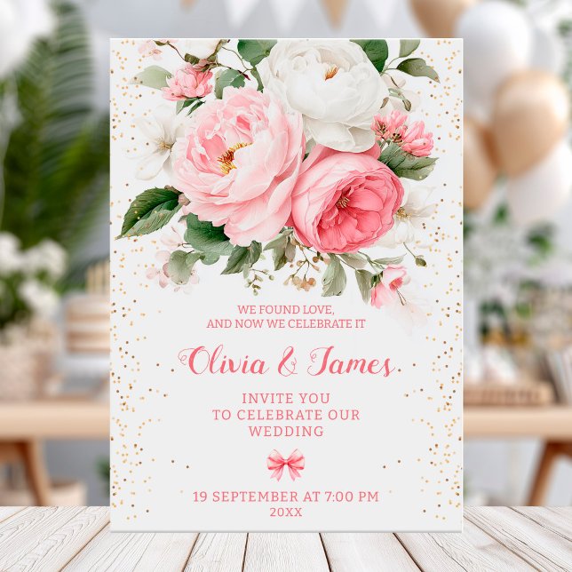 Blush peonies and gold confetti wedding card (Creator Uploaded)
