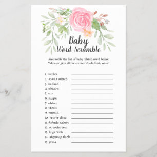 Blush Peonies Baby Shower UK Word Scramble Flyer