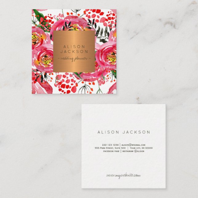 Blush peonies copper gold wedding planner square business card (Front/Back)