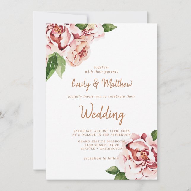 Blush Peonies Modern Floral Wedding Invitation (Front)