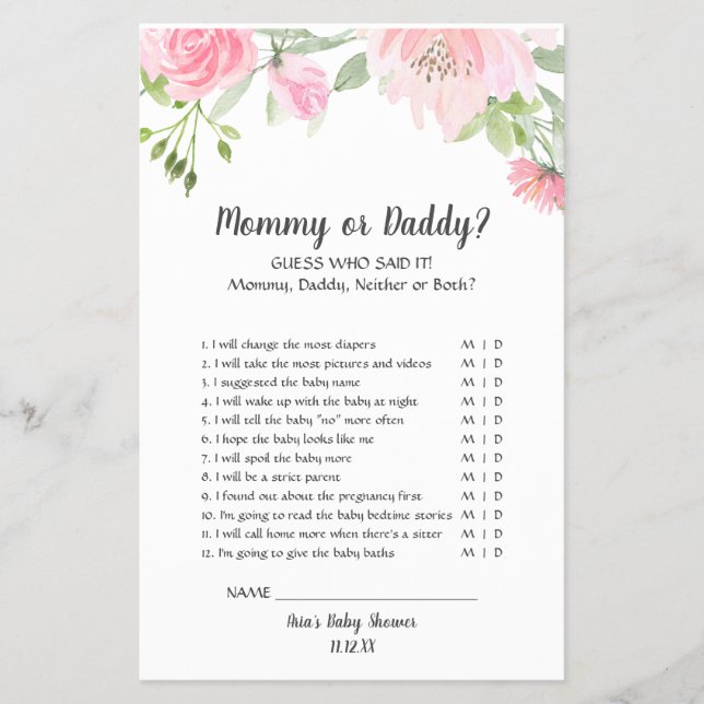 Blush Peonies Mummy or Daddy Game Flyer (Front)