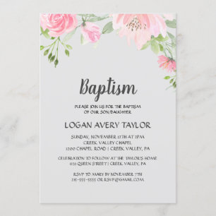 Blush Peonies on Grey Baptism Invitation