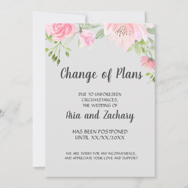 Blush Peonies on Grey Change of Plans Announcement (Front)