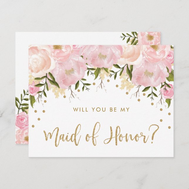 Blush Peonies Pink Floral Be My Maid of Honor Invitation (Front/Back)