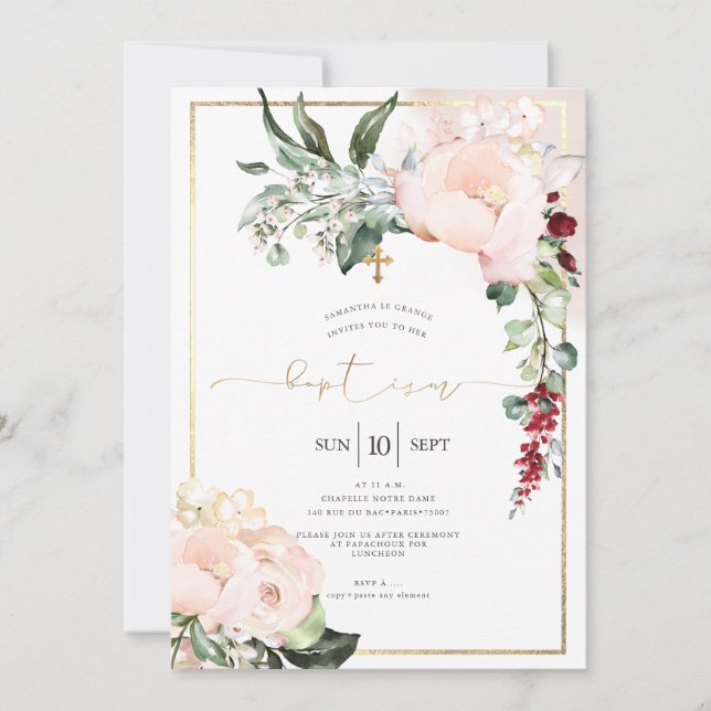 Blush Peonies Watercolor Flowers Baptism Invitation (Front)