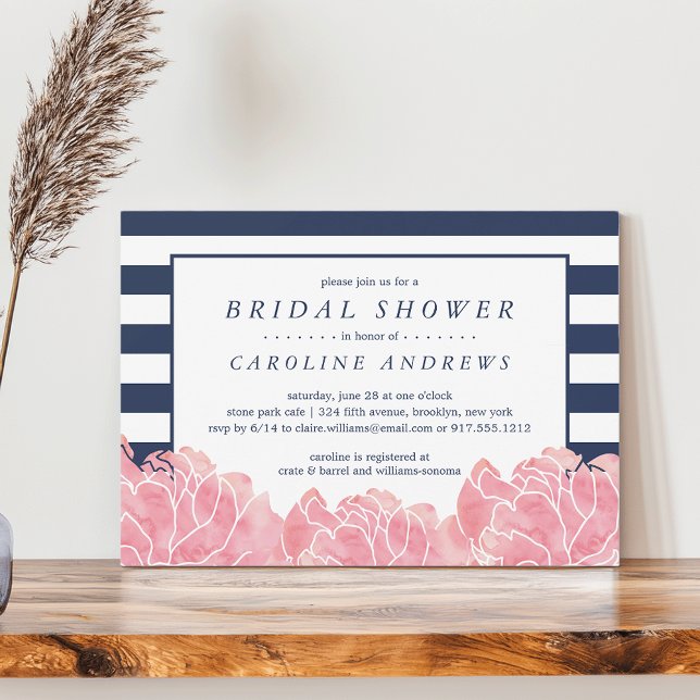 Blush Peony and Navy Stripe Bridal Shower Invitation (Creator Uploaded)