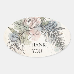Blush Peony Blue Fern Wedding Thank You Oval Sticker