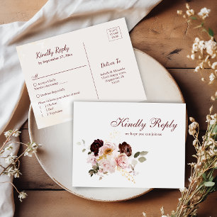Blush Peony & Burgundy Meal Options RSVP Postcard