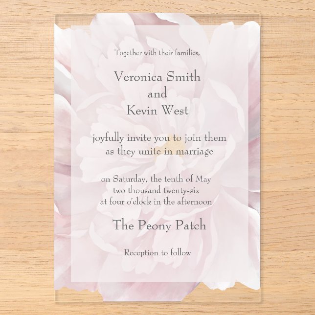 Blush Peony Clear Acrylic Wedding Invitation (Front)