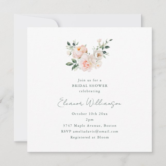 Blush Peony Floral Square Minimalist Bridal Shower Invitation (Front)
