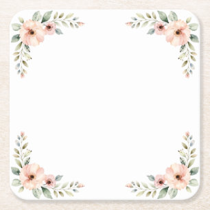 Blush Peony Floral Watercolor Wedding Corner Frame Square Paper Coaster