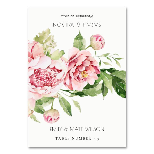 Blush Peony Floral Wedding Guest Name Place Cards (Front)
