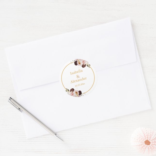Blush Peony & Gold Burgundy Floral Wedding Classic Round Sticker (Envelope)