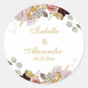 Blush Peony & Gold Burgundy Floral Wedding Classic Round Sticker